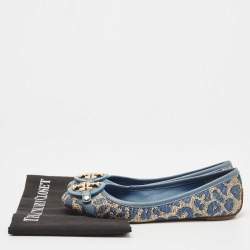 Pre Owned Tory Burch Blue Raffia and Leather Minnie Ballet Flats Size 36.5