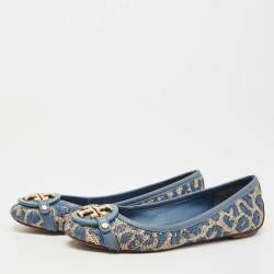 Pre Owned Tory Burch Blue Raffia and Leather Minnie Ballet Flats Size 36.5