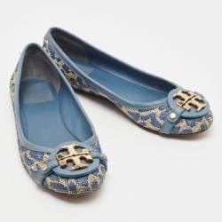 Pre Owned Tory Burch Blue Raffia and Leather Minnie Ballet Flats Size 36.5