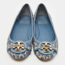 Pre Owned Tory Burch Blue Raffia and Leather Minnie Ballet Flats Size 36.5