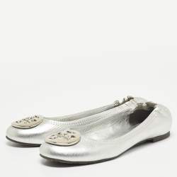 Pre Owned Tory Burch Silver Leather Lowell Scrunch Ballet Flats Size 36.5