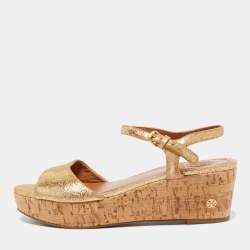 Tory Burch Metallic Gold Leather Cameron Wedge Thong Sandals Size