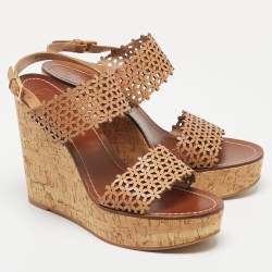 Pre Owned Tory Burch Brown Leather Daisy Wedge Sandals Size 41