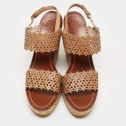 Pre Owned Tory Burch Brown Leather Daisy Wedge Sandals Size 41