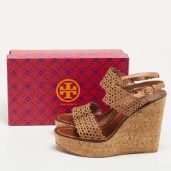 Pre Owned Tory Burch Brown Leather Daisy Wedge Sandals Size 41