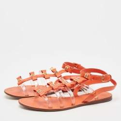 Pre Owned Tory Burch Orange Leather and PVC Kira Bow Flat Sandals Size 41.5