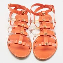 Pre Owned Tory Burch Orange Leather and PVC Kira Bow Flat Sandals Size 41.5