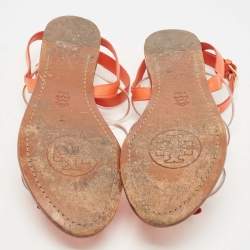 Pre Owned Tory Burch Orange Leather and PVC Kira Bow Flat Sandals Size 41.5
