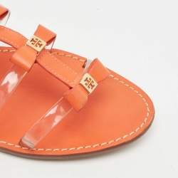 Pre Owned Tory Burch Orange Leather and PVC Kira Bow Flat Sandals Size 41.5