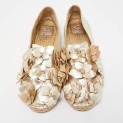Pre Owned Tory Burch Gold Leather Blossom Espadrille Flats Size 39
