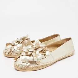 Pre Owned Tory Burch Gold Leather Blossom Espadrille Flats Size 39