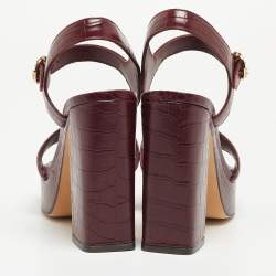 Pre Owned Tory Burch Burgundy Croc Embossed Leather Maritine Sandals Size 39