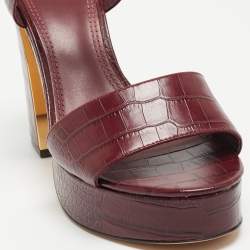 Pre Owned Tory Burch Burgundy Croc Embossed Leather Maritine Sandals Size 39