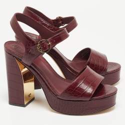Pre Owned Tory Burch Burgundy Croc Embossed Leather Maritine Sandals Size 39