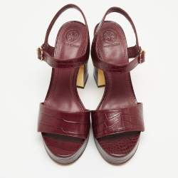 Pre Owned Tory Burch Burgundy Croc Embossed Leather Maritine Sandals Size 39