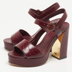 Pre Owned Tory Burch Burgundy Croc Embossed Leather Maritine Sandals Size 39