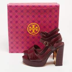 Pre Owned Tory Burch Burgundy Croc Embossed Leather Maritine Sandals Size 39