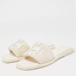 Pre Owned Tory Burch White Fabric Terry Logo Flat Slides Size 37