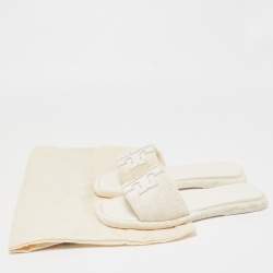 Pre Owned Tory Burch White Fabric Terry Logo Flat Slides Size 37