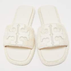 Pre Owned Tory Burch White Fabric Terry Logo Flat Slides Size 37