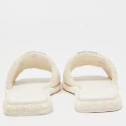 Pre Owned Tory Burch White Fabric Terry Logo Flat Slides Size 37