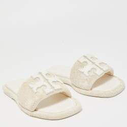 Pre Owned Tory Burch White Fabric Terry Logo Flat Slides Size 37