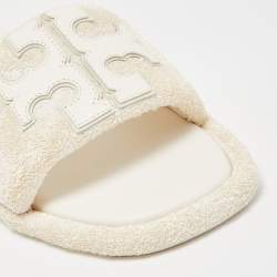Pre Owned Tory Burch White Fabric Terry Logo Flat Slides Size 37
