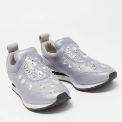 Pre Owned Tory Burch Metallic Grey Leather Laney Crystal Embellished Slip On Sneakers Size 37.5