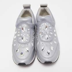 Pre Owned Tory Burch Metallic Grey Leather Laney Crystal Embellished Slip On Sneakers Size 37.5