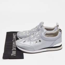 Pre Owned Tory Burch Metallic Grey Leather Laney Crystal Embellished Slip On Sneakers Size 37.5