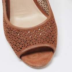 Pre Owned Tory Burch Brown Laser Cut Suede Peep Toe Pumps Size 41