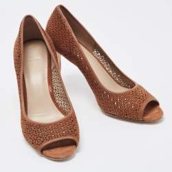 Pre Owned Tory Burch Brown Laser Cut Suede Peep Toe Pumps Size 41