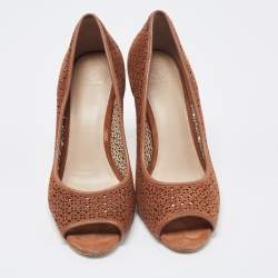 Pre Owned Tory Burch Brown Laser Cut Suede Peep Toe Pumps Size 41