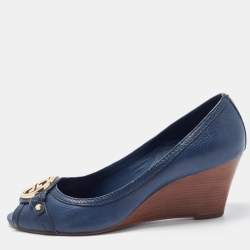 Pre Owned Tory Burch Navy Blue Leather Leticia Wedge Pumps Size 41.5