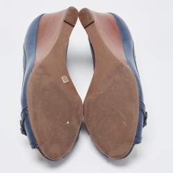 Pre Owned Tory Burch Navy Blue Leather Leticia Wedge Pumps Size 41.5