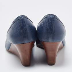 Pre Owned Tory Burch Navy Blue Leather Leticia Wedge Pumps Size 41.5