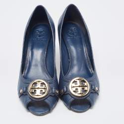 Pre Owned Tory Burch Navy Blue Leather Leticia Wedge Pumps Size 41.5