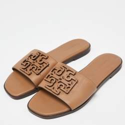 Pre Owned Tory Burch Beige Leather Ines Slide Sandals Size 38