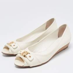 Pre Owned Tory Burch White Leather Logo Detail Peep Toe Wedge Pumps Size 40