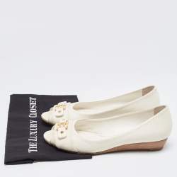 Pre Owned Tory Burch White Leather Logo Detail Peep Toe Wedge Pumps Size 40