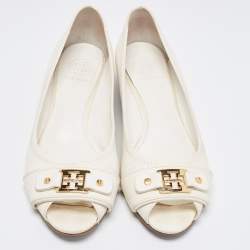 Pre Owned Tory Burch White Leather Logo Detail Peep Toe Wedge Pumps Size 40