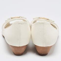 Pre Owned Tory Burch White Leather Logo Detail Peep Toe Wedge Pumps Size 40