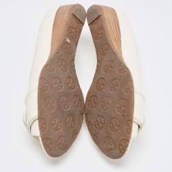 Pre Owned Tory Burch White Leather Logo Detail Peep Toe Wedge Pumps Size 40