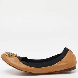 Pre Owned Tory Burch Beige/Black Leather Caroline Scrunch Ballet Flats Size 39.5