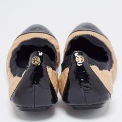 Pre Owned Tory Burch Beige/Black Patent and Leather Quilted Detail Scrunch Ballet Flats Size 38.5