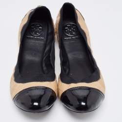 Pre Owned Tory Burch Beige/Black Patent and Leather Quilted Detail Scrunch Ballet Flats Size 38.5
