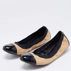 Pre Owned Tory Burch Beige/Black Patent and Leather Quilted Detail Scrunch Ballet Flats Size 38.5