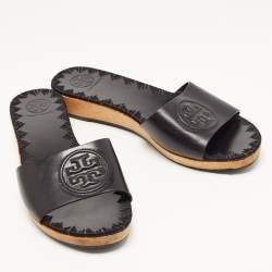 Pre Owned Tory Burch Black Leather Aerin Slide Flats Size 38