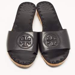 Pre Owned Tory Burch Black Leather Aerin Slide Flats Size 38