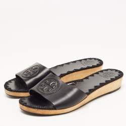 Pre Owned Tory Burch Black Leather Aerin Slide Flats Size 38